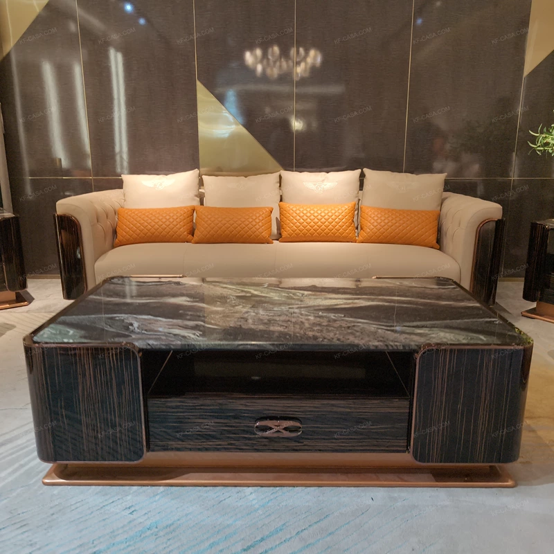 Luxury Marble Coffee Table with Curved Wood Veneer Detailing